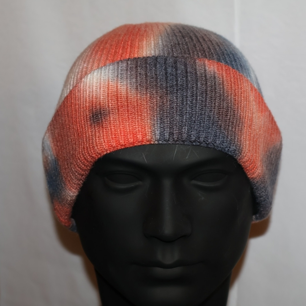 Odiva Acrylic Unisex Orange & Blue Tie-dye Ribbed Knit Beanie.